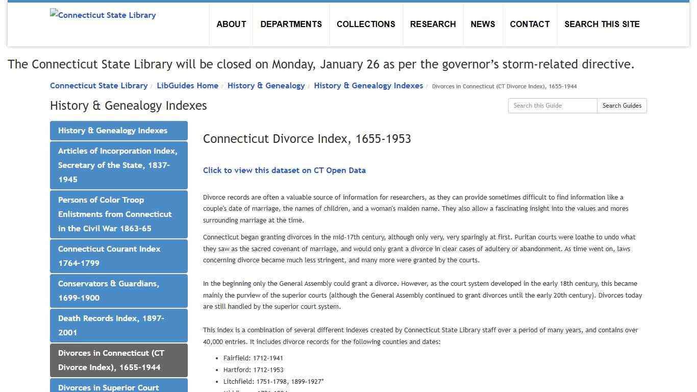 Divorces in Connecticut (CT Divorce Index), 1655-1944 - History & Genealogy Indexes - LibGuides Home at Connecticut State Library.