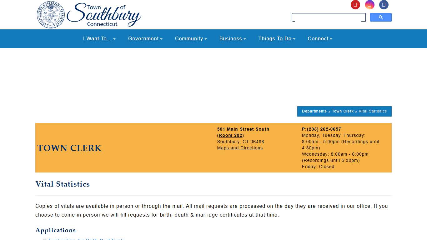 Vital Statistics - Southbury, CT